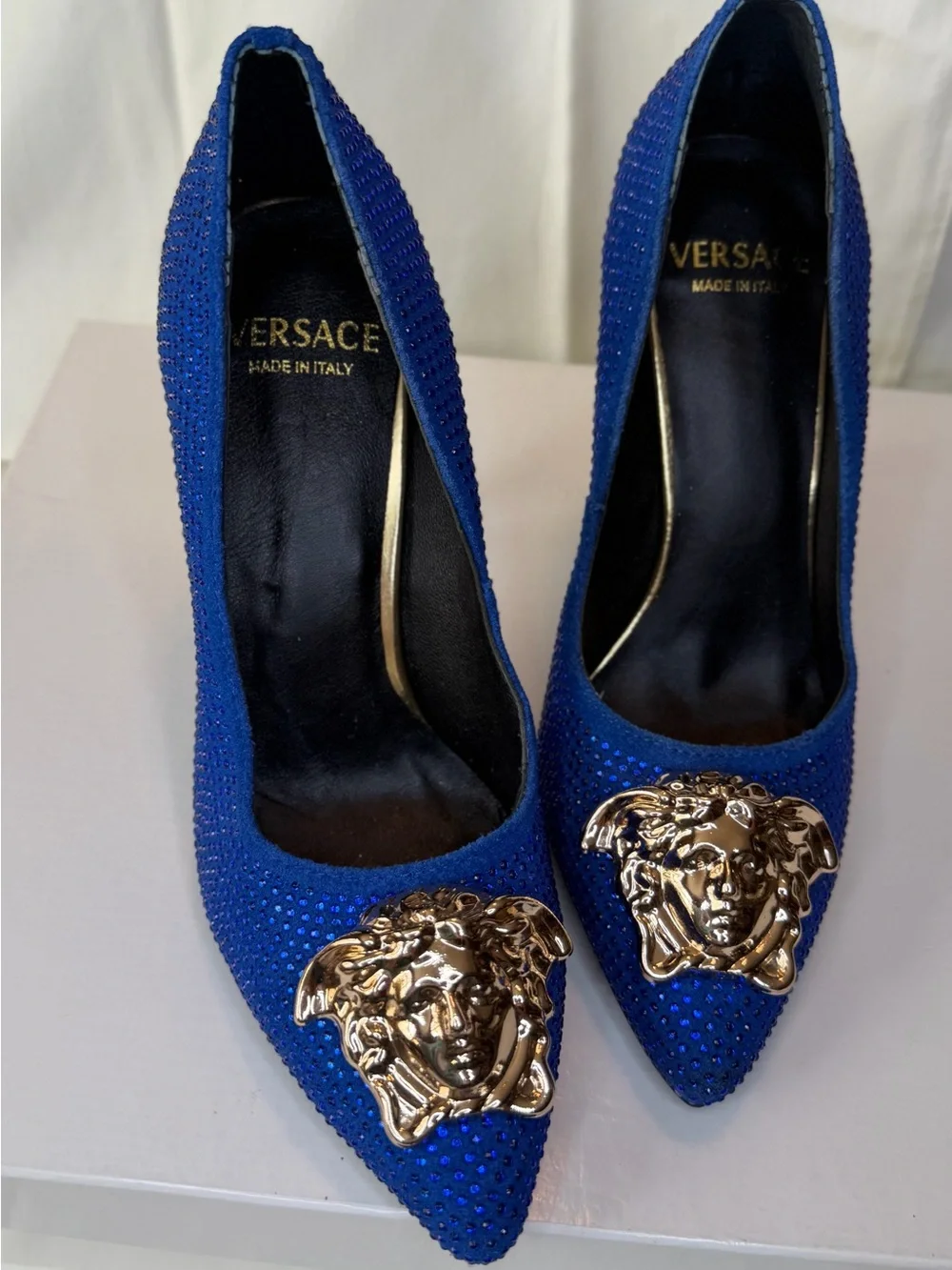Versace Royal Blue Crystal Pointed-Toe Pumps with Gold Medusa
